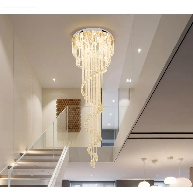 Modern LED Crystal Chandelier Duplex Building Rotating Villa Duplex Living Room Building Stair Pendant Lamp Long Cha